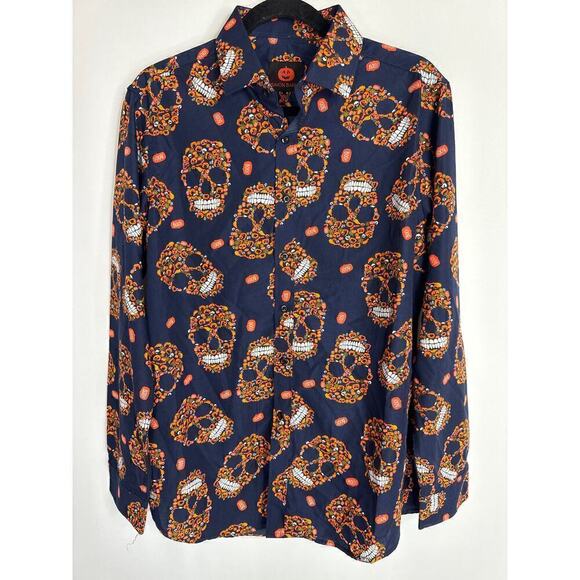 Simon Banks Men's Halloween Pumpkin Skull Prints Button Down Shirt MEDIUM NWOT - Picture 1 of 7